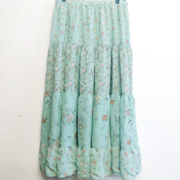 Vintage Dresses & Skirts - Vintage Seafoam Floral Tiered Prairie Maxi Skirt M